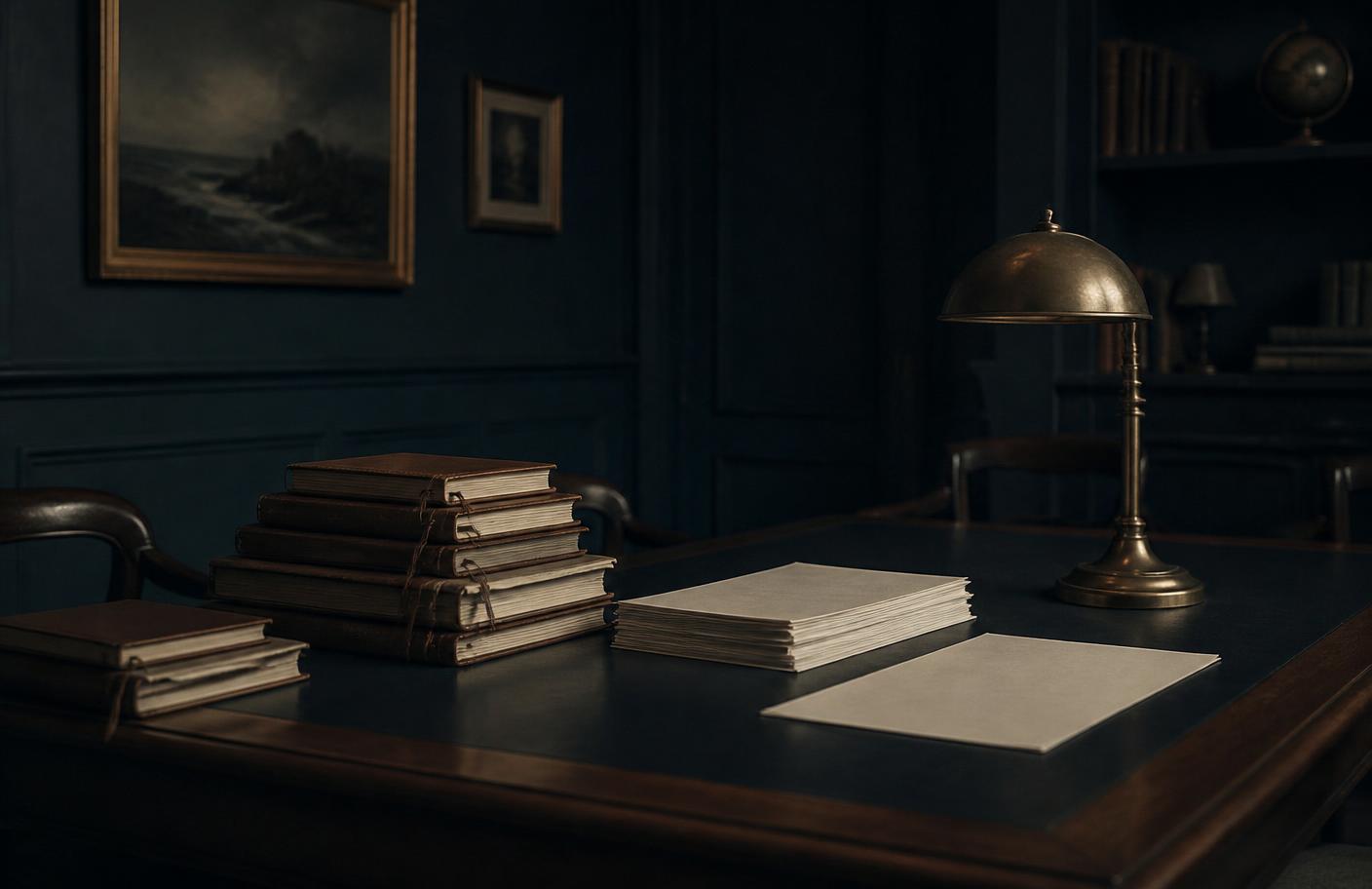 A quiet study room with journals and printed review sheets on a long dark table